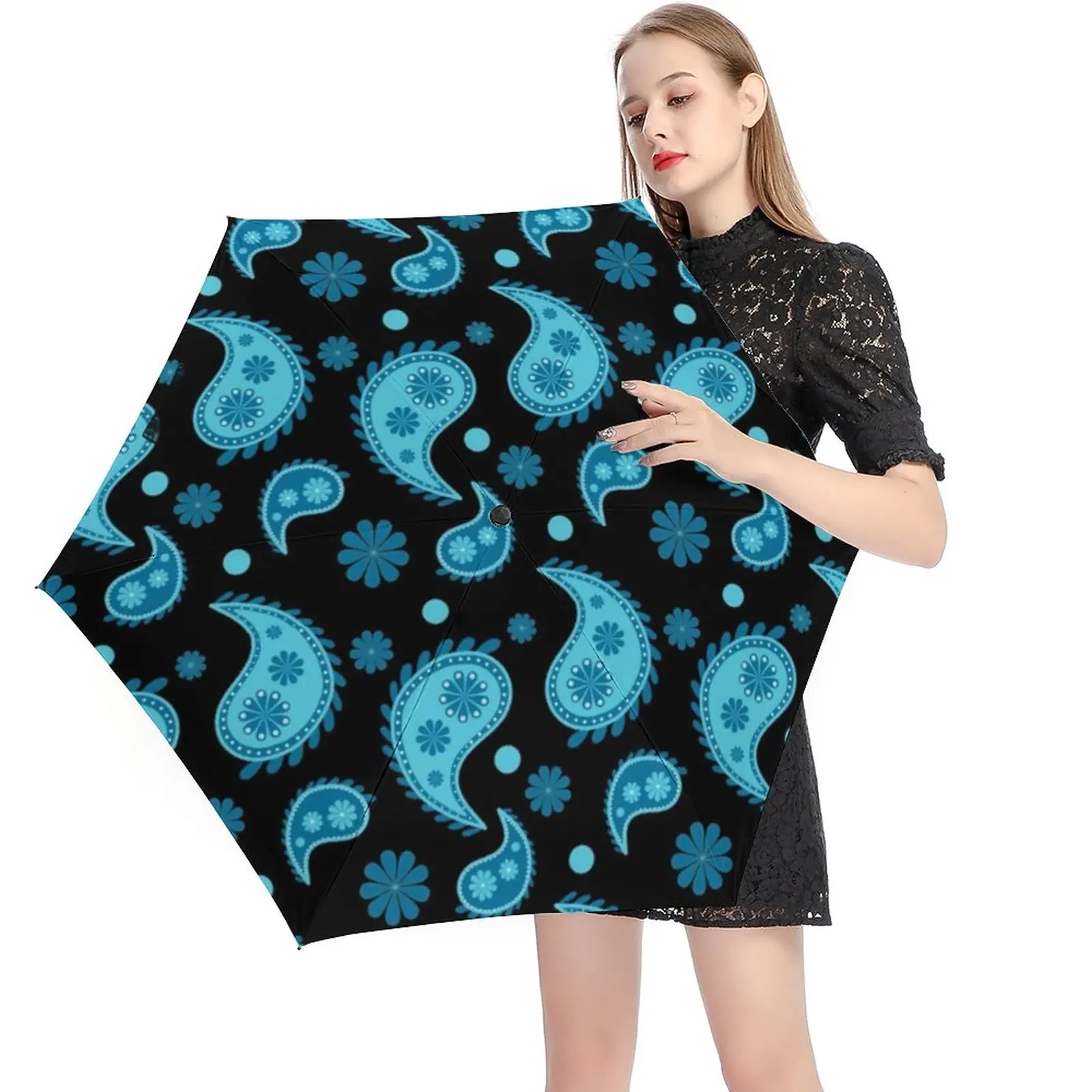 

Зонт винтажный с принтом «пейсли» для мужчин и женщин, маленький карманный зонтик с защитой от ветра, 5 сложений, 6 ребер, синего цвета