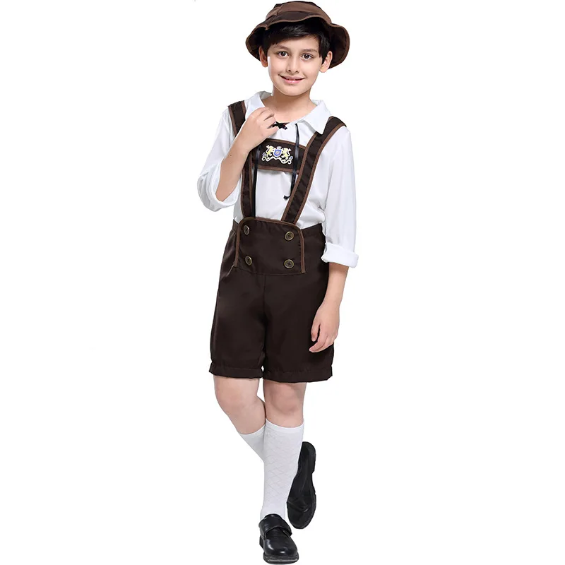 

Boy Lederhosen Costume Child Bavaria Oktoberfest Beer Uniform Shirt Pants Hat Outfit Halloween Holiday Fancy Dress