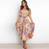 womens v neck floral print butterfly sleeve slim belt big swing long dress spring summer fashion casual mid calf dresses