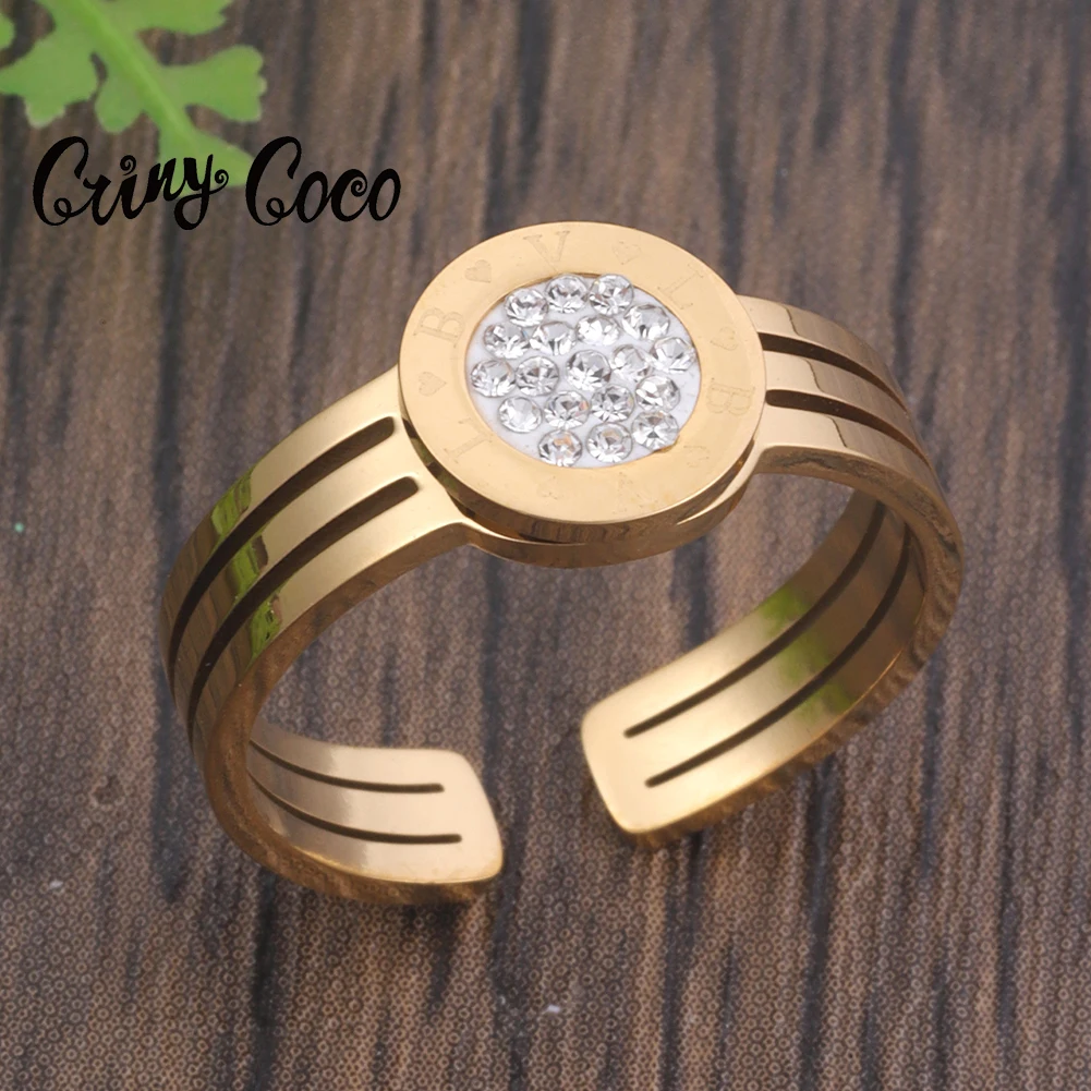 

Cring Coco Stainless Steel Women's Ring Adjustable New Jewelry Accessories Rhinestones CZ Aesthetic Dating Rings for Women