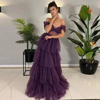 grape tulle off shoulder evening dress a line tiered illusion long formal wedding party gowns pleats backless women prom dresses