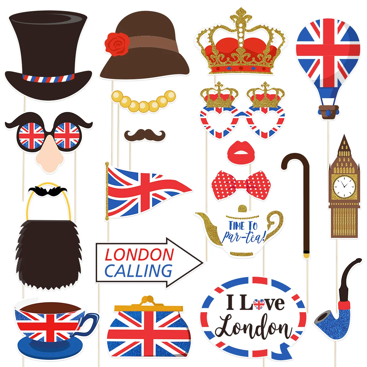 

20PCS British Photo Booth Props British Party Props UK England Props for British London National Day Party