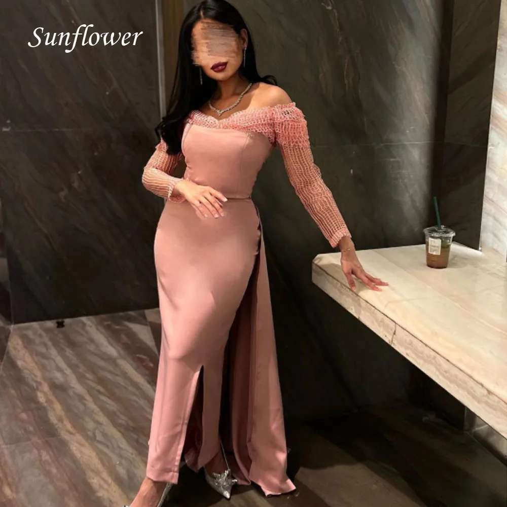 

Sunflower Off the Shoulder Prom Gowns Long Sleeve Mermaid Evening Dress Slim Side Split Party Dress 2023 Crepe High-end Custom