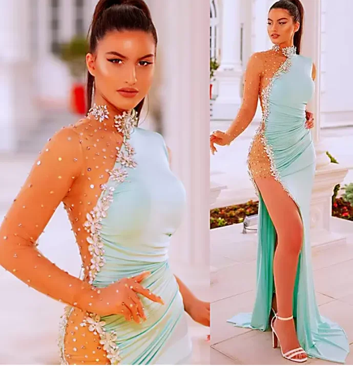 

Сексуальные вечерние платья на одно плечо с бусинами, с высоким разрезом и длинными рукавами, платья для официальной вечеринки, для второго приема, платье для женщин