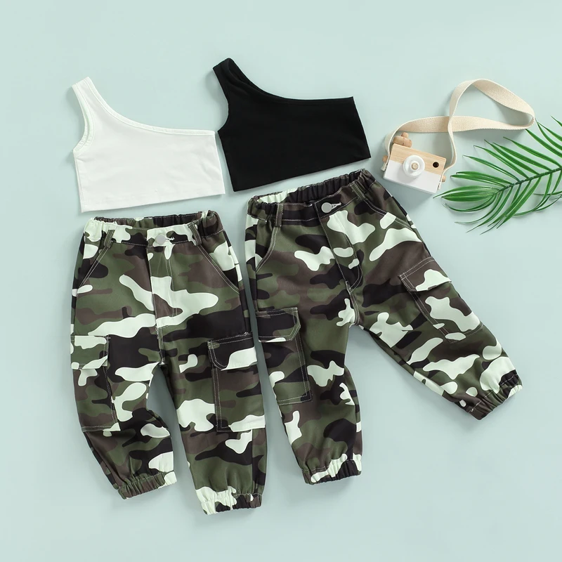 

Женская модная одежда для девочек, Короткие топы без рукавов с косым плечом, камуфляжные брюки с эластичным поясом, летний комплект из двух ...