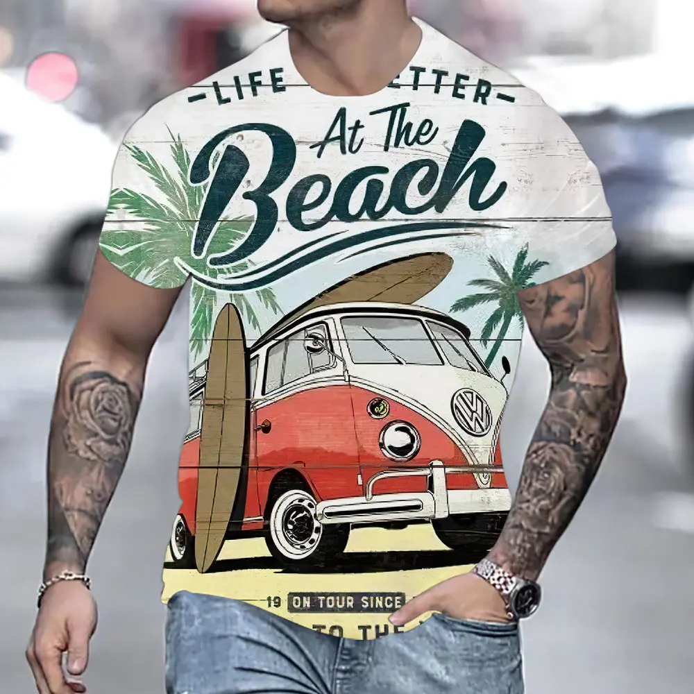 

Футболка мужская с винтажным принтом, уличная тенниска с 3D принтом машинок, очень большая майка с коротким рукавом и круглым вырезом, лето