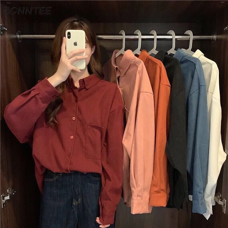 

Shirts Women Baggy Corduroy Solid Minimalist Basics Cargo Clothes Unisex Preppy Long Sleeve Korean Fashion Camisas Cozy Pockets