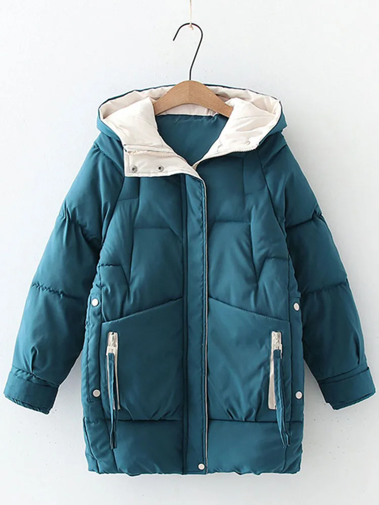 New Winter Women Thick Hooded Down Jacket Solid Cotton Warm Padded Parka Female White Loose Zipper Short Coat Padded Outwear