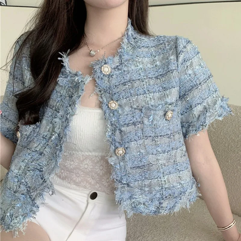 

Runway Summer Korean Small Fragrance Women's Luxury Tweed All-Match Coat Elegant Chic Tassel Jacket Top Casaco Outwear