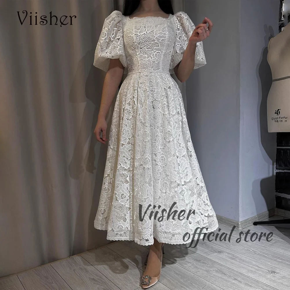 

Viisher White Lace Appliques Wedding Dresses for Women Half Sleeve Square Neck A Line Bridal Gowns Ankle Length Wedding dress