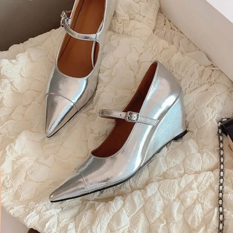 2023 New Natural Genuine Leather Women Heels Shoes Pointed Toe Fashion Birthday Party Wedding Shoes Wedges High Heel Shoes