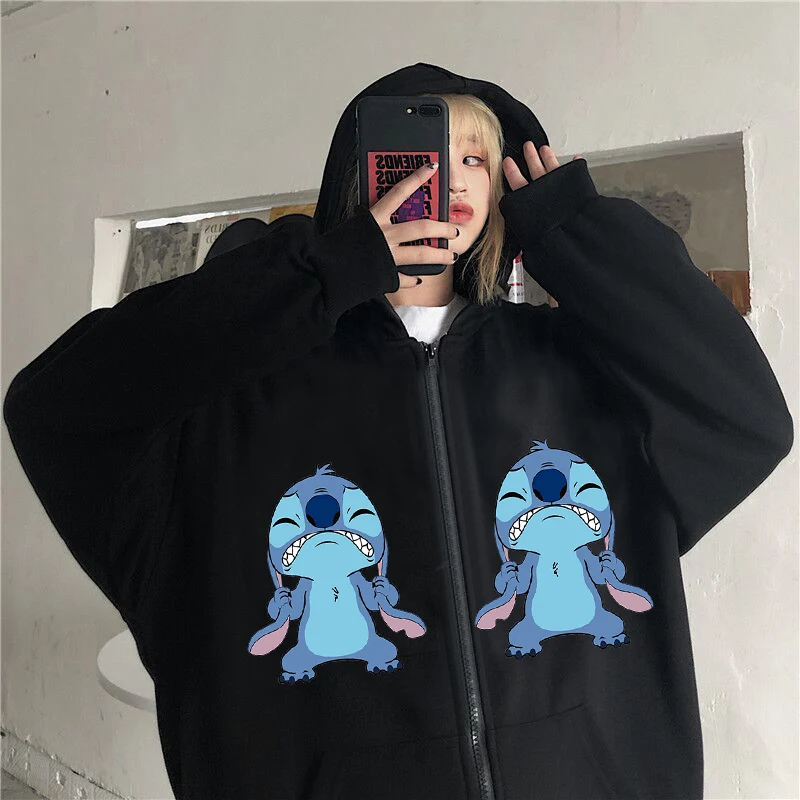 

New Disney Stitch Women Hoodie Korean Oversized Solid Color Zip Up Sweatshirt Female Casual Long Sleeve Pocket Hooded Coat Jack