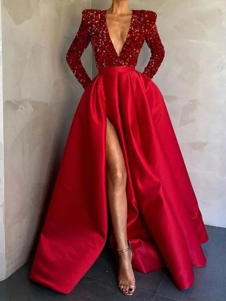 PLEINDI Luxurious Evening Dresses V-Neck A-LINE Long Sleeves Floor-Length Chiffon 2022 New of Sequined Exquisite Prom Wome Dress