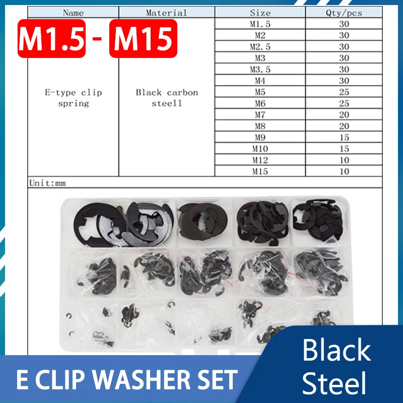 

M1.5 M2 M2.5 M3 M3.5 M4 M5 M6 M7 M8 M9 M10 M12 M15 Black Steel E Clip Washer Circlip Retaining Ring for Shaft Assortment Kit