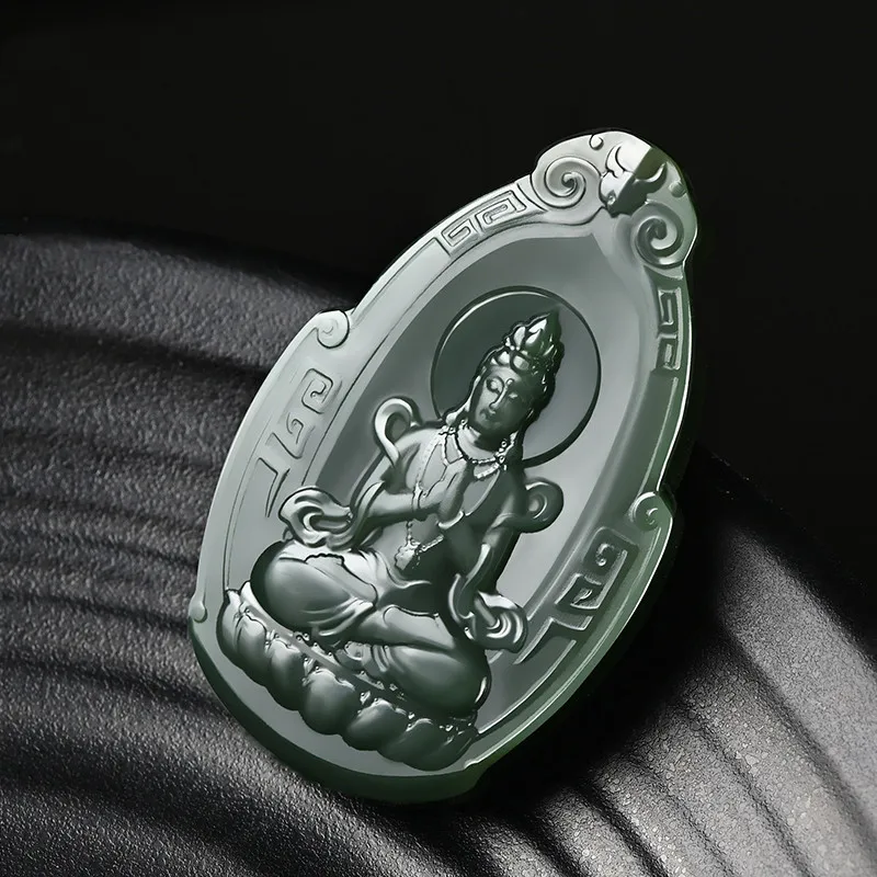 

Xinjiang Hotan Jade is a delicate two-thin blue jade lotus Guanyin men's pendant