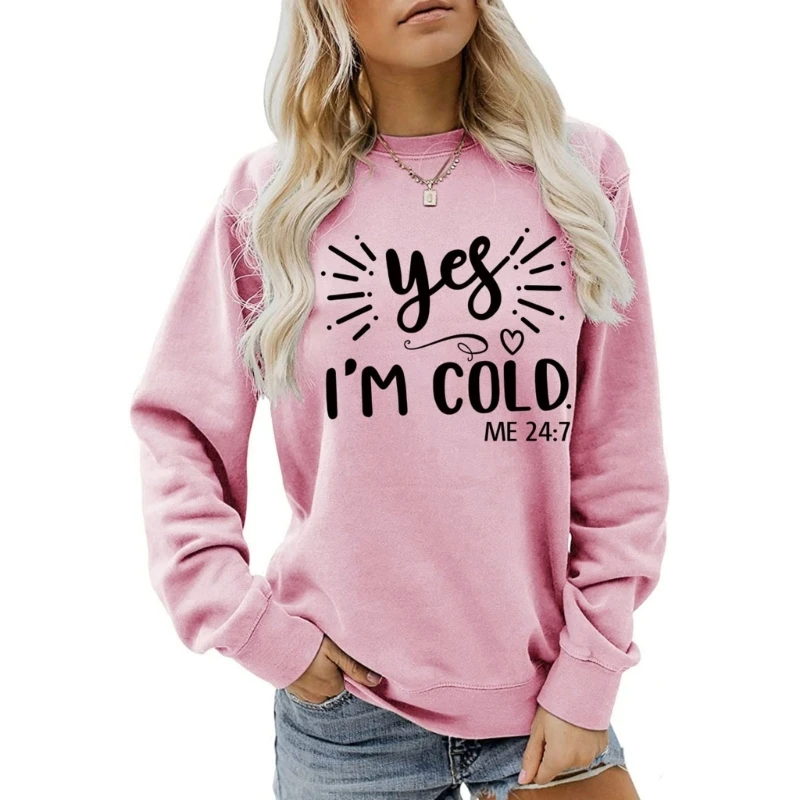 

MXMA Women Loose Pullover Top Yes Cold Me Graphic Cute Heart Print Casual Sweatshirt