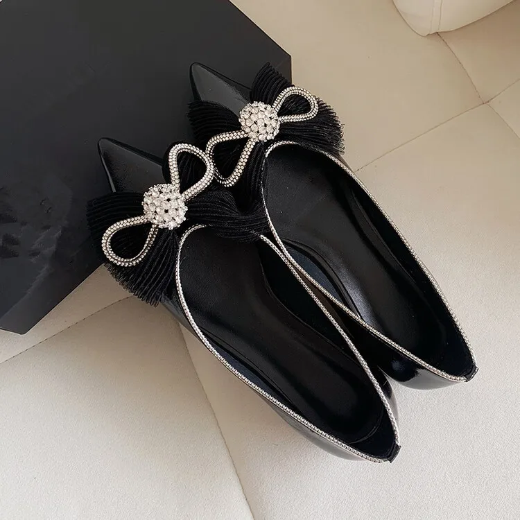 

2022Autumn Women Shallow Flats Pointed Toe Crystal Lace Bowknot Moccasins Vintage Wine Red Formal Dress Espadrilles Femmes