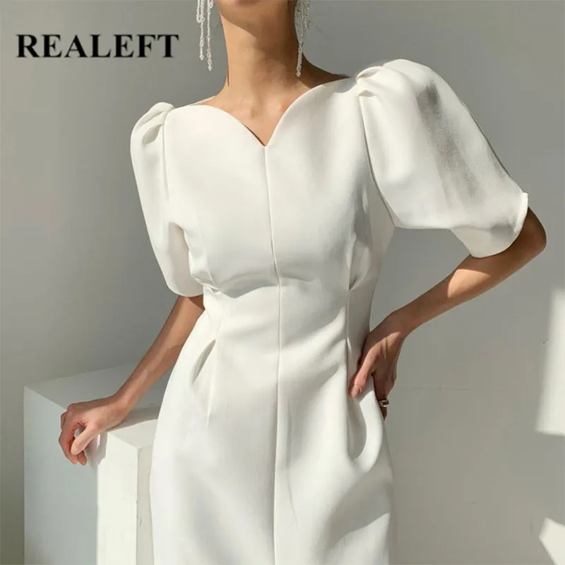 

REALEFT Summer 2022 New Elegant Solid Women's Dresses Puff Sleeve V-Neck High Waist Front Split Mi-long Pleat Dresses Female