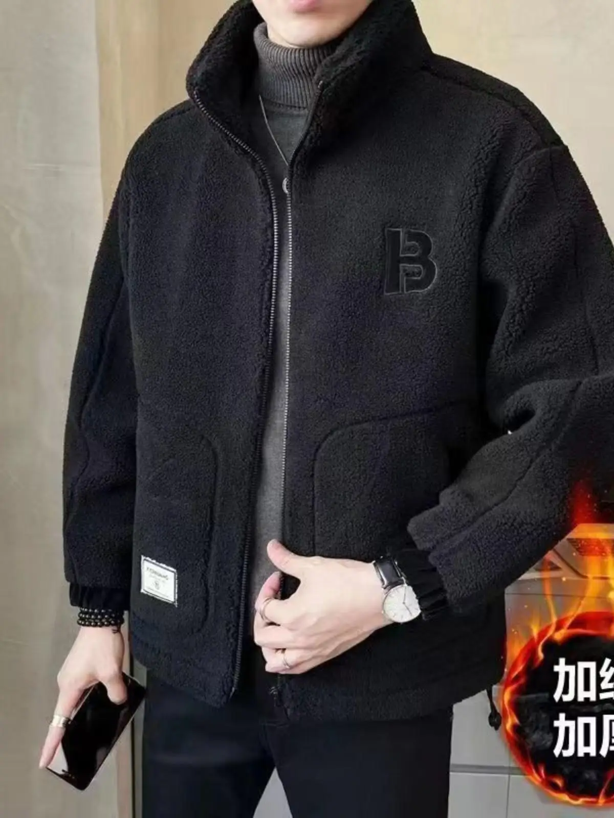 2024 Men's Autumn and Winter New Imitation Outerwear Stand Collar Trend Fleece-lined Thickened Clothing Winter cl...