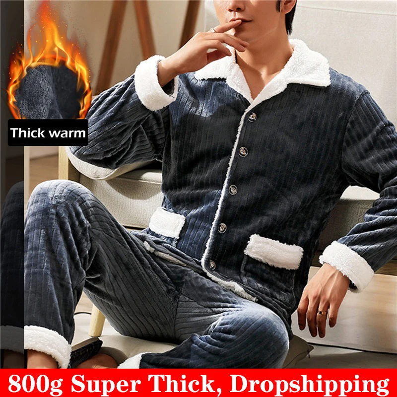 800g Super Thick Coral Fleece Pijama For Men Winter Single-Breasted Sleepwear Pajamas Long Sleeve Pants Leisure Pyjama Nightwear