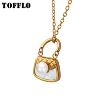 tofflo stainless steel jewelry bag pendant white seashell pendant necklace womens fashion pearl inlaid collarbone chain bsp339