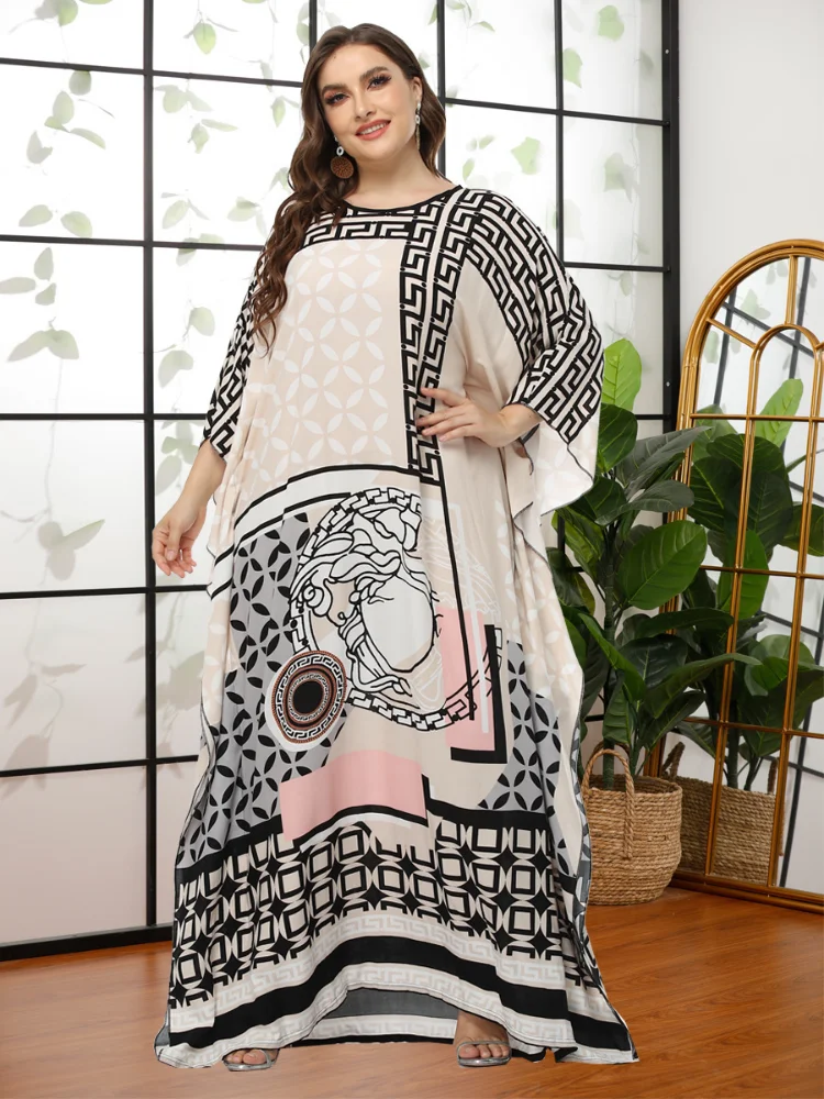 Ramadan Arabic Dresses For Women Print Bat Sleeve Maxi Dress 2022 Casual Loose Oversized Religious Robes Feminine Clothes