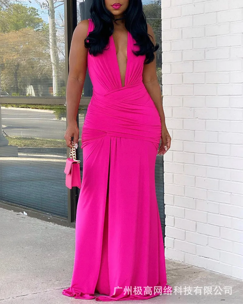 

Women Long Maxi Dress Sleeveless Plunging Neck Ruched High Slit Party Dress Sexy Evening Solid Color High Waist