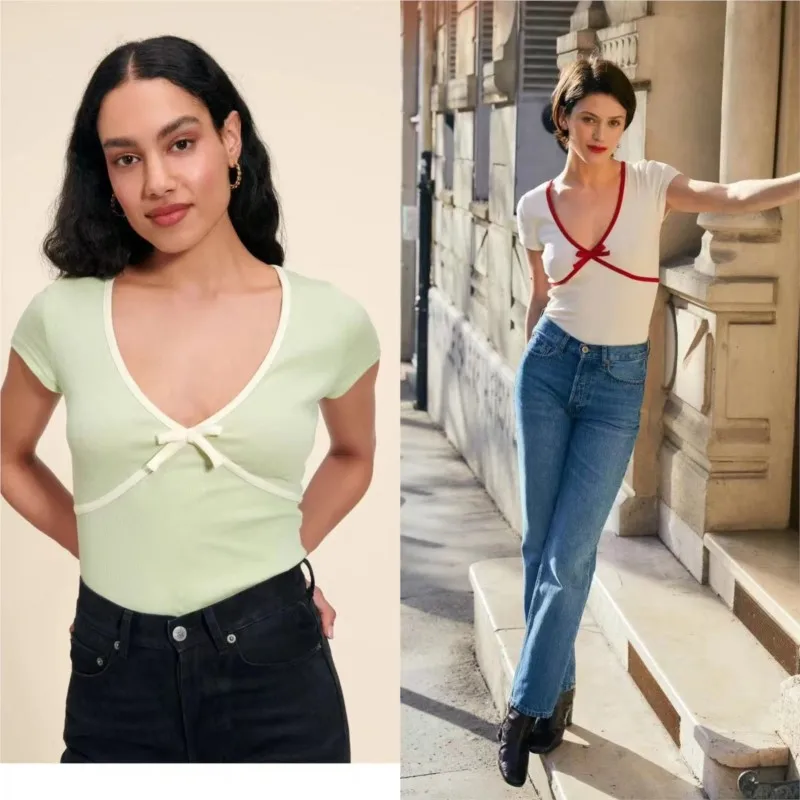 

Футболка с V-образным вырезом, бантом и коротким рукавом