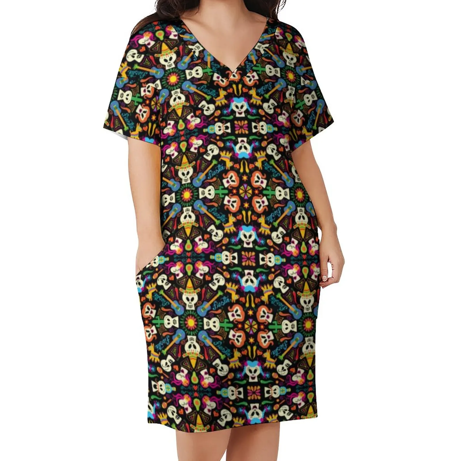 

Повседневное платье с рисунком мандалы, женские платья с мексиканскими скелетами и цветочным принтом, летние платья с V-образным вырезом, ко...