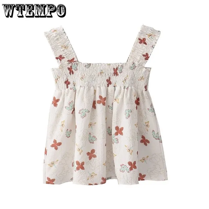 

Sweet Cute Loose Camisole Women's Tank Top Chiffon Shirt Floral Folds Decorate Elastic Neckline Summer Wholesale Drop Shipping