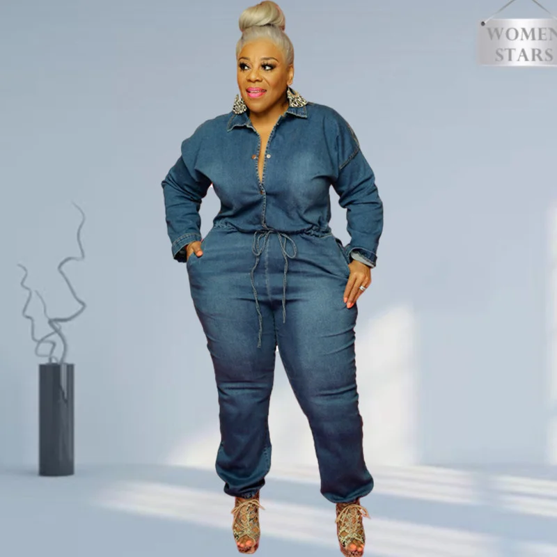 

Demin Jumpsuit Women Plus Size Solid Hollow Out Back Buttons Long Sleeve Fashion Pockets Lace Up Romper Wholesale Dropshipping