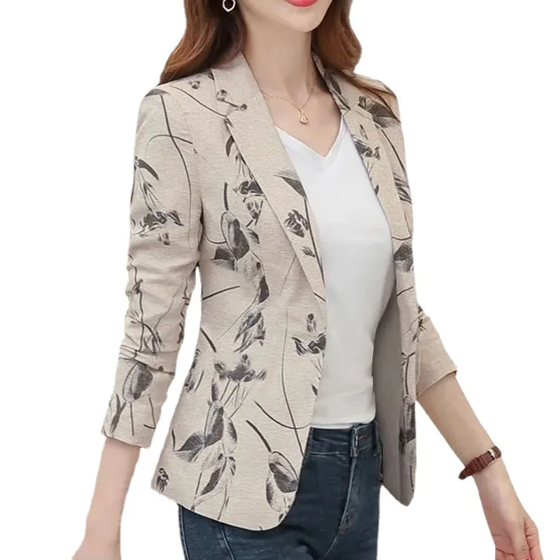 2022 Office Lady Vintage Print Casual Blazer Women Elegant Fashion Slim Suit Temperament Coat Female Jacket Spring Autumn