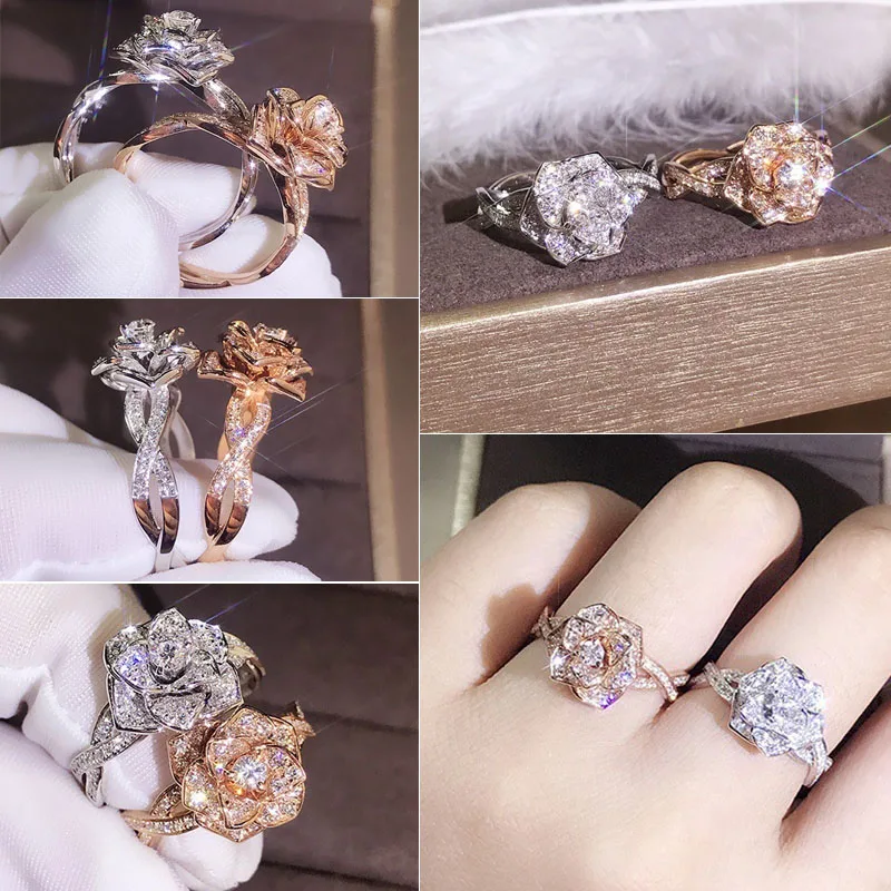 

Milangirl Fashion Rose Gold Color Flower Crystal Wedding Rings For Women Promise Birdal Engagement Rings Charms Jewelry