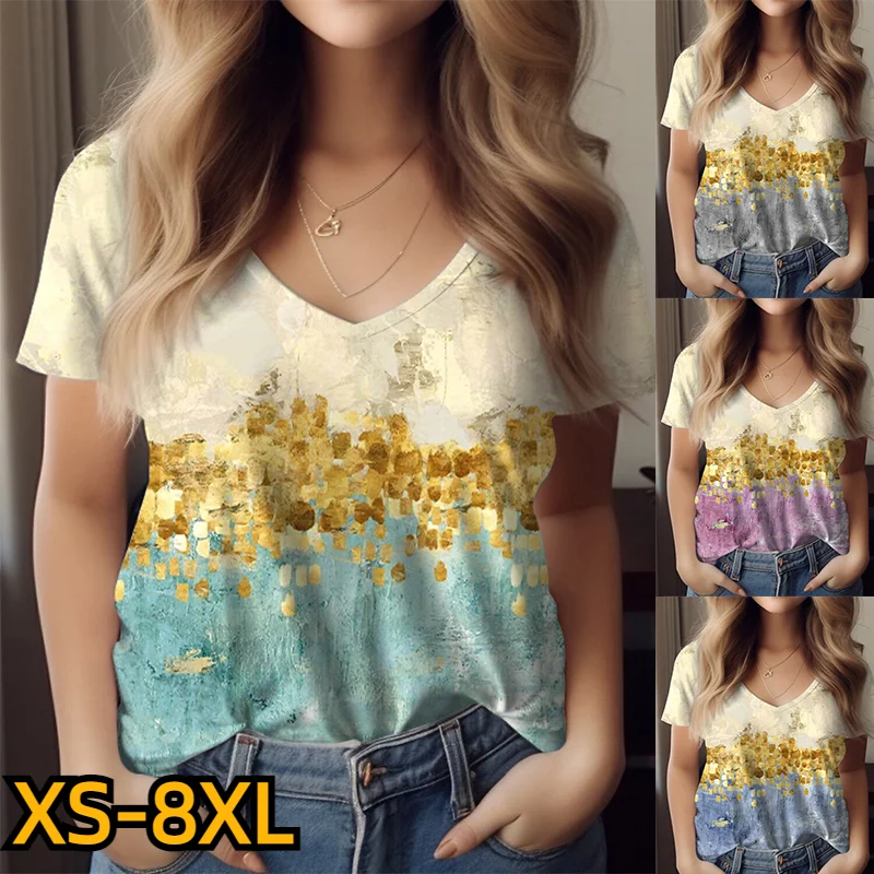 

Женские свободные топы с коротким рукавом, удобная повседневная Уличная Футболка с принтом, пуловер с V-образным вырезом, лето