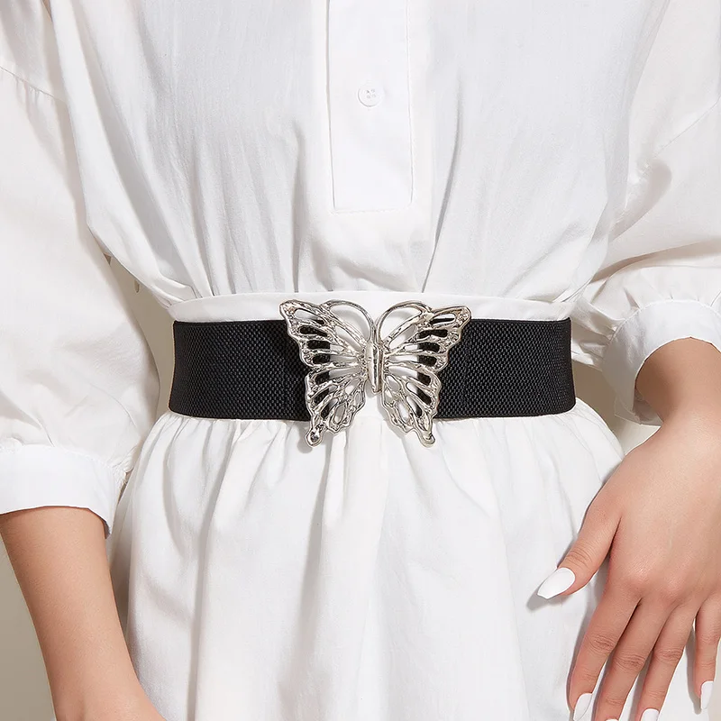 Elastic Wide Corset Belt For Women Butterfly Buckle Waist Strap Female Designer Y2K Dress Skirt Coat Stretch Decorative Girdle