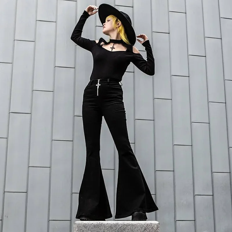 

Sexy Fashionable Flare Women Gothic Dark Pants With High Condition 2021 New Street Pants Cross zipper y2k pants Vintage korean