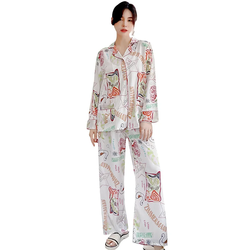 

New natural simulation silk pajamas pattern loose home clothing factory wholesale pajama set