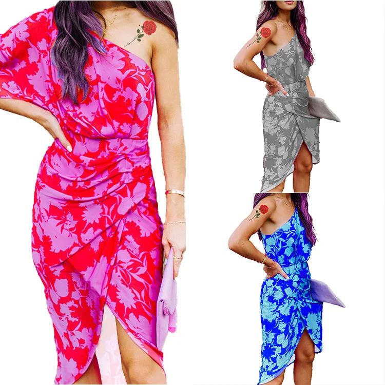 

2023 Summer New Sexy Slim Off Shoulder Off Back Print Irregular Dress