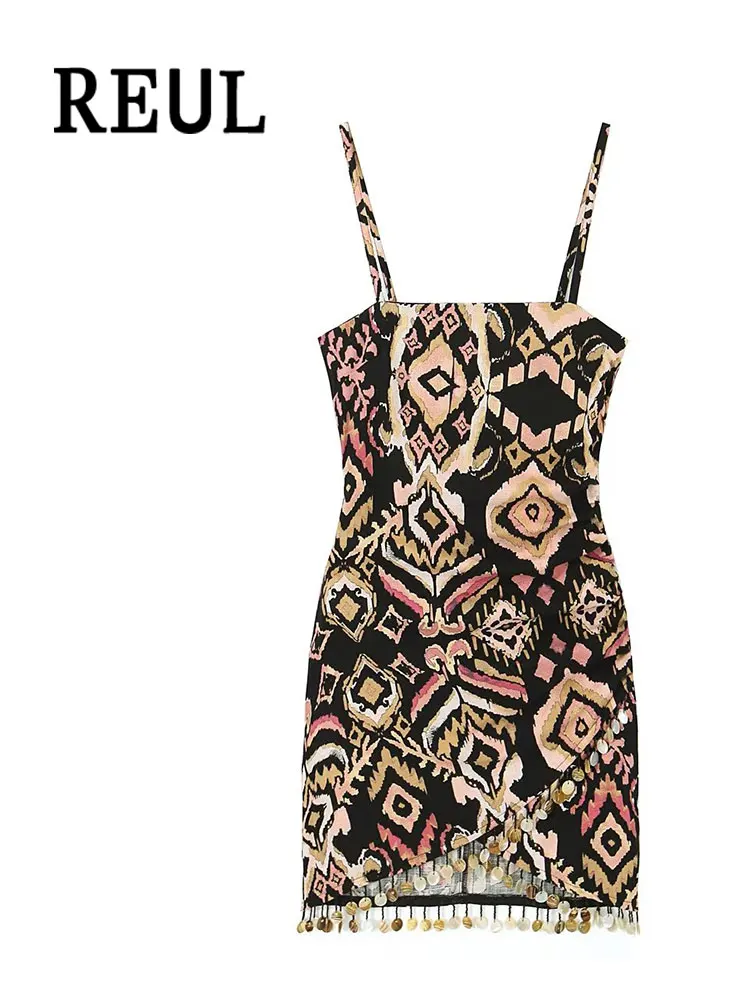 

REUL Fashion Printed Front Split Mini Dress For Women Vintage Sleeveless Strap Back Zipper Female Dresses Vesidos Mujer TRAF