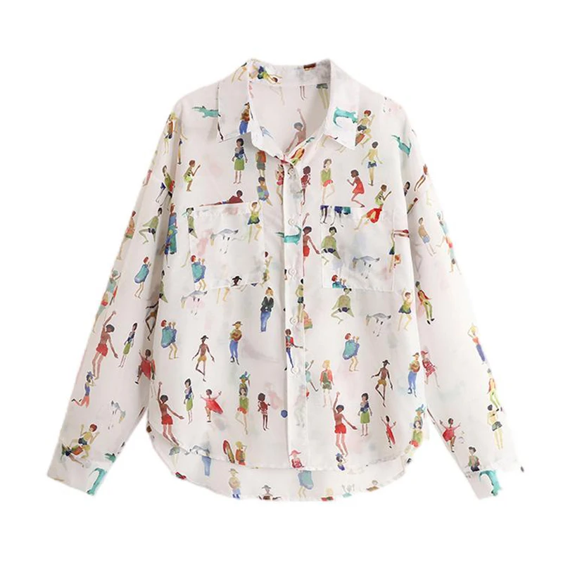 

Design Sense Of Minority French Figure Print Long Sleeved Chiffon Women's Summer LooseThin Lapel Shirt