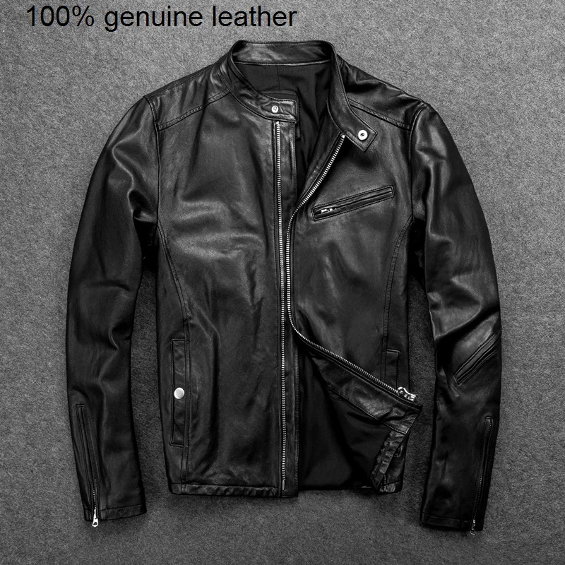 

Кожаная Мужская винтажная мотоциклетная куртка GU.SEEMIO из 100% овчины, модная одежда с воротником-стойкой для мужчин