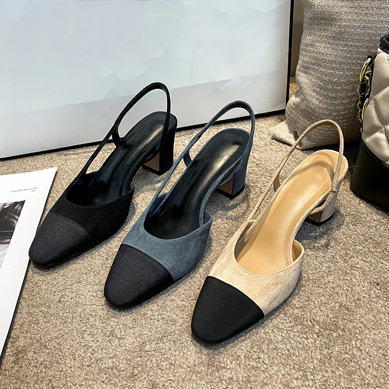 

Flock Patchwork Women Pumps Round Toe Back Strap Sandals Slingback Female Square Heel Shoes Elegant Design Lady Suede Shoes
