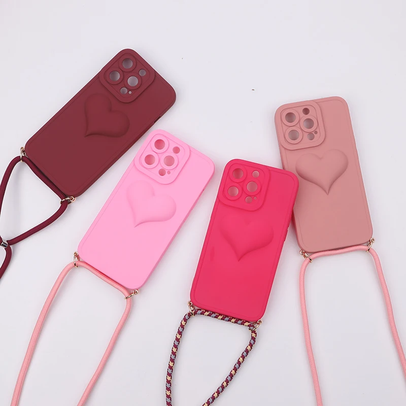 

For iPhone 13 Pro Lanyard 3D Love Heart Phone Case For iPhone 11 12 Pro Max Luxury Necklace Cord Shockproof Soft Solicone Cover