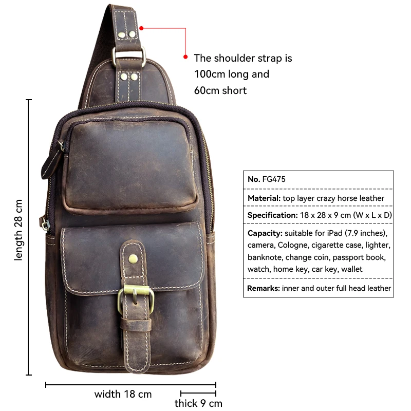 Retro Genuine Leather Men's Shoudler Chest Bag Large Capacity Business Cross Body Bag For Male Portable Travel Messenger Bag