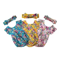 summer new baby girl childrens clothing jumpsuit open crotch small floral triangle romper flying sleeve printing headband