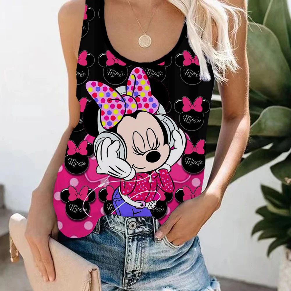 

2022 Sexy V-Neck Vest Sleeveless Women Summer New Slim Casual Tees Disney Minnie Mickey Mouse 3D printed vest Ladies Splice Tops