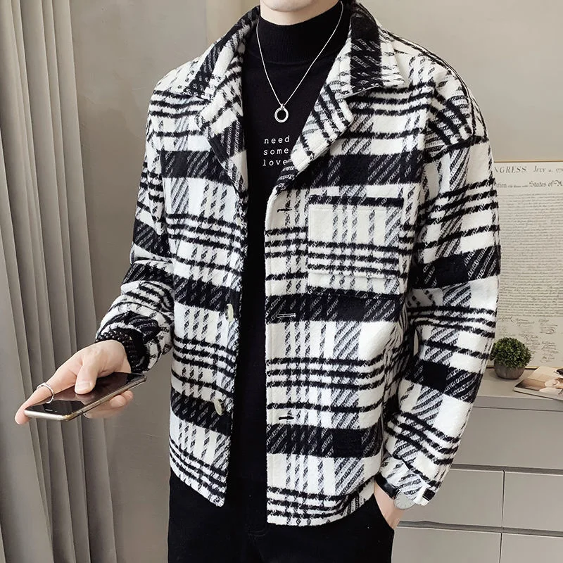 2022 Autumn Winter Steetwear Windbreaker Big Pocket Outwear Ropa De Hombre Men Wool Trench Coat Striped Lattice Casual Jacket