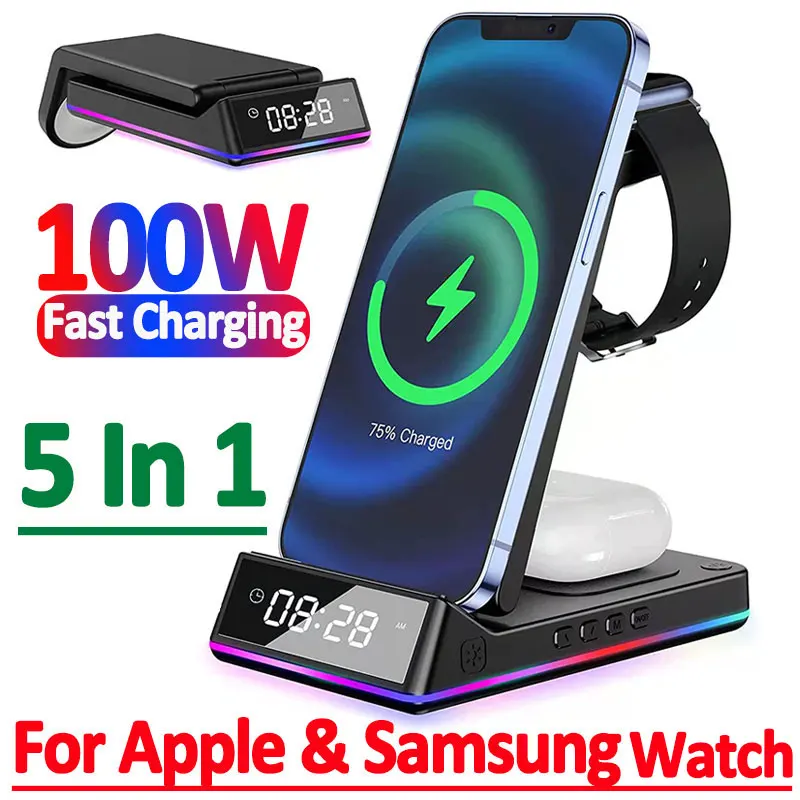

5 в 1 100 Вт Складная Беспроводная зарядная стойка RGB док-станция светодиодные часы Быстрая зарядка станция для iPhone Samsung Galaxy Watch 5/4 S22 S21