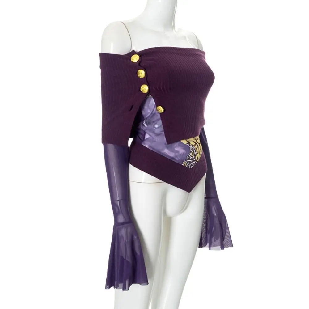 Модный фиолетовый топ с открытыми плечами расклешенные рукава лоскутный