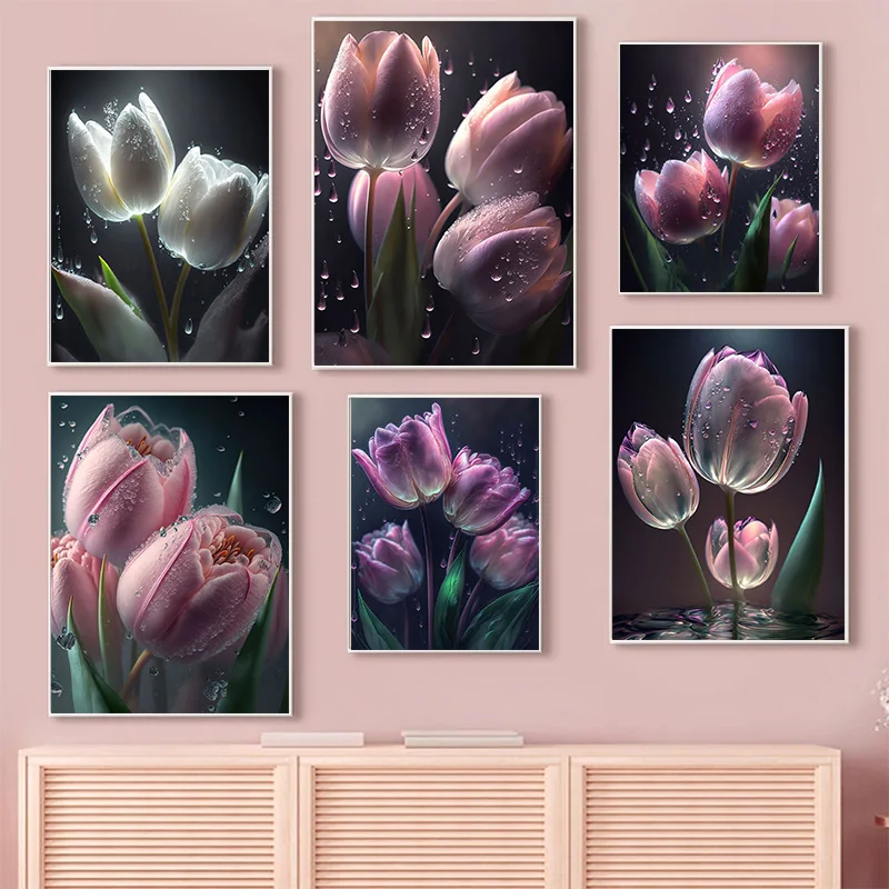 

Pink Flowers Paintings Tulip Wall Art Posters Stamen Canvas Print Plant Poster Nordic Wall Pictures For Girls Bedroom Home Decor